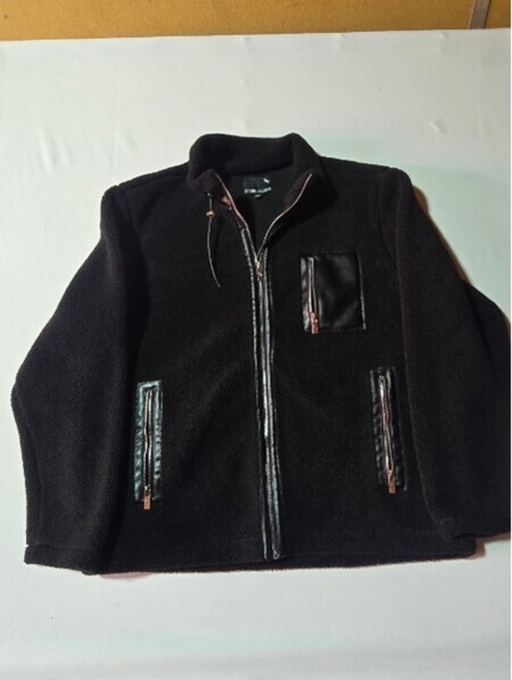 Stone Falcon Black Fleece Jacket with Faux Leather Trim and Zipper Pockets Large
